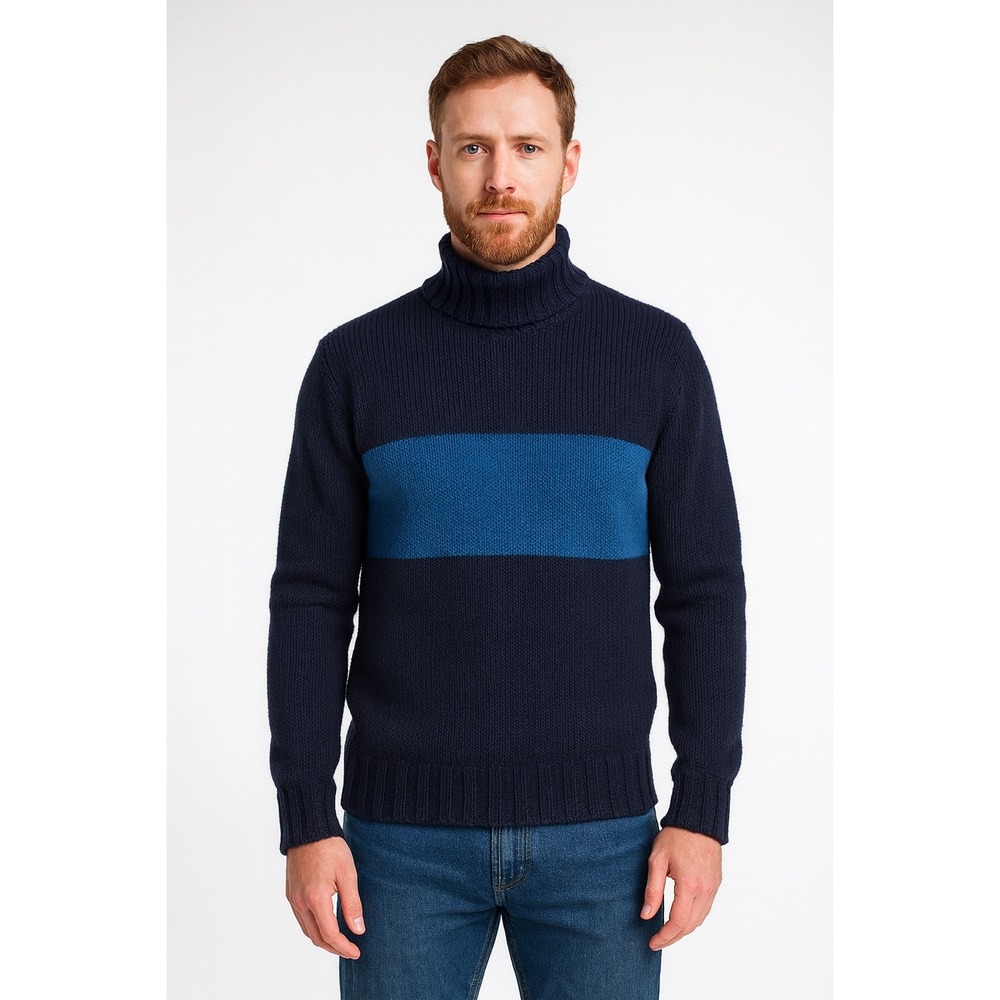 LARDINI Navy Blue Wool Chunky Knit Turtleneck Sweater Men Size 48 Medium‎ Italy
